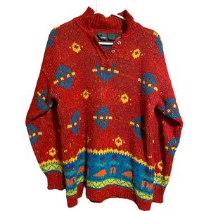 Vintage red Aztec Indian sweater with colorful details from the 70s